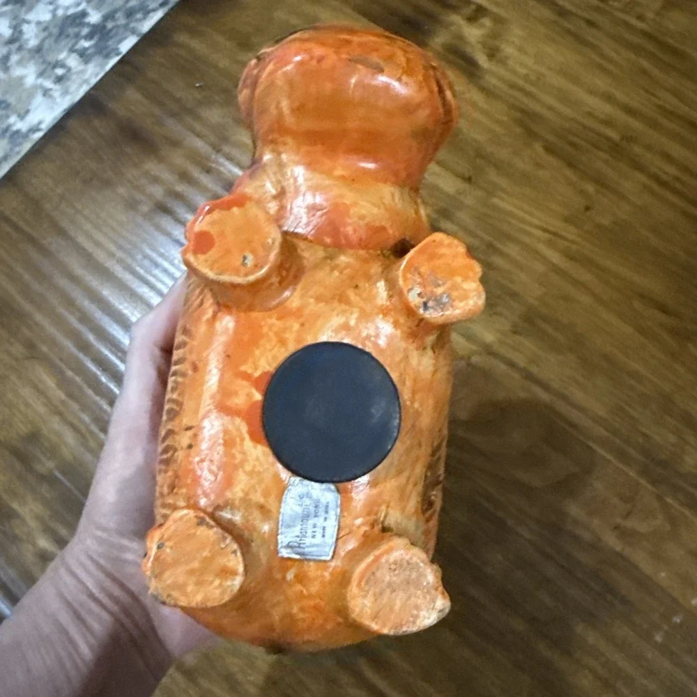 Vintage 70's Kitschy Boho Orange Floral Ceramic Bank Hippopotamus House Hippo
